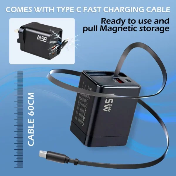 65W Retractable Cable Charger UK Plug